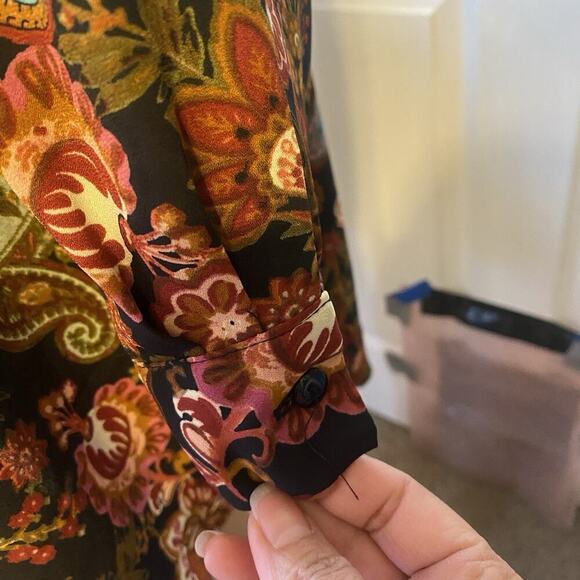 Spense Women Button Up Shirt 1X Black Brown Paisley Hi Low Coastal Sheer Long Sl - Picture 9 of 9